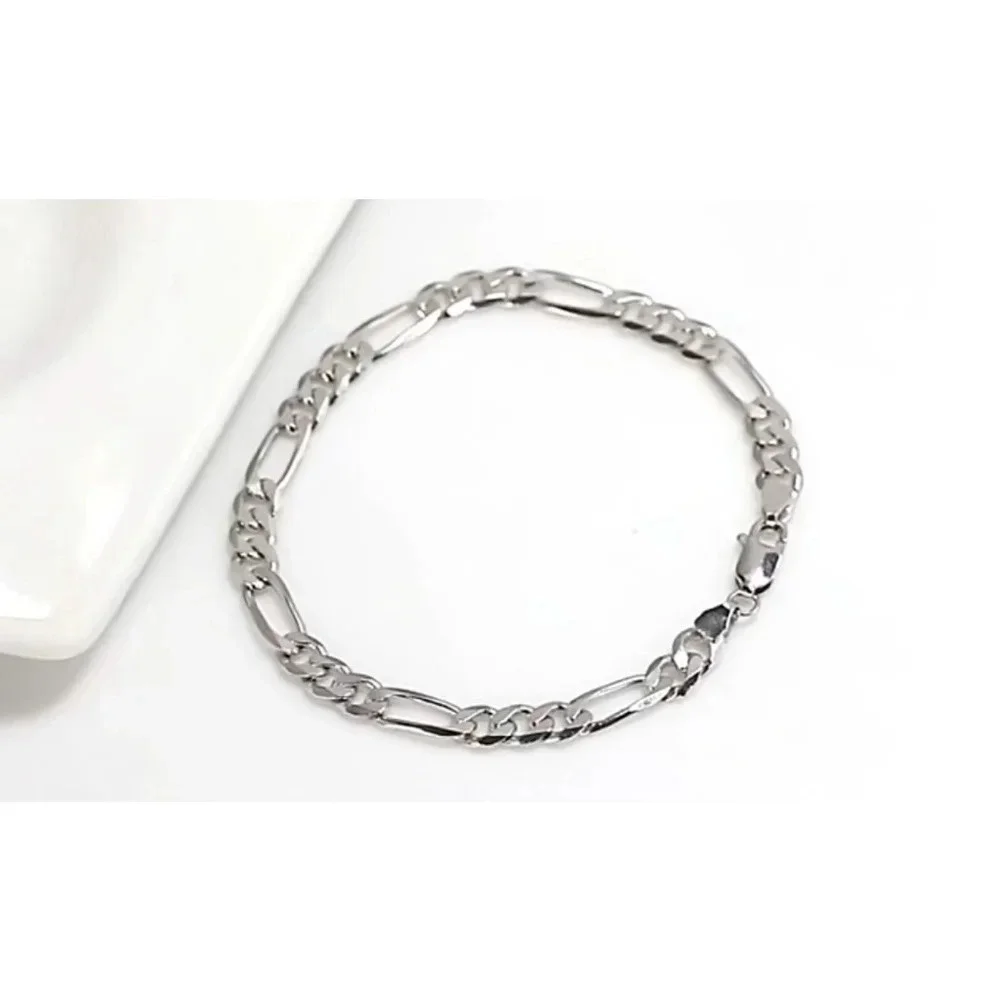 NEW Rhodium Plated 925 Sterling Silver‎ Figaro Chain Bracelet, 8”